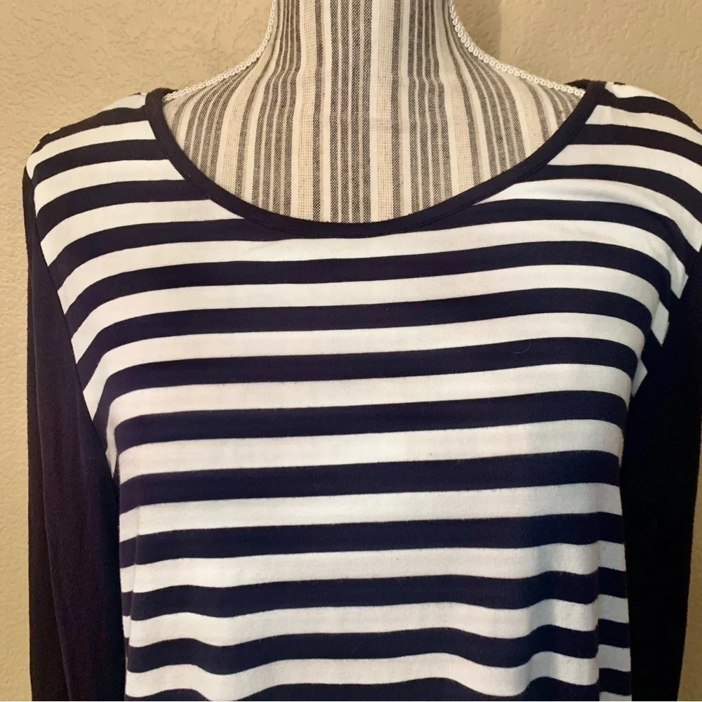 MK Michael Kors Tunic Top Small Navy Blue White Striped Front Sheer Back
